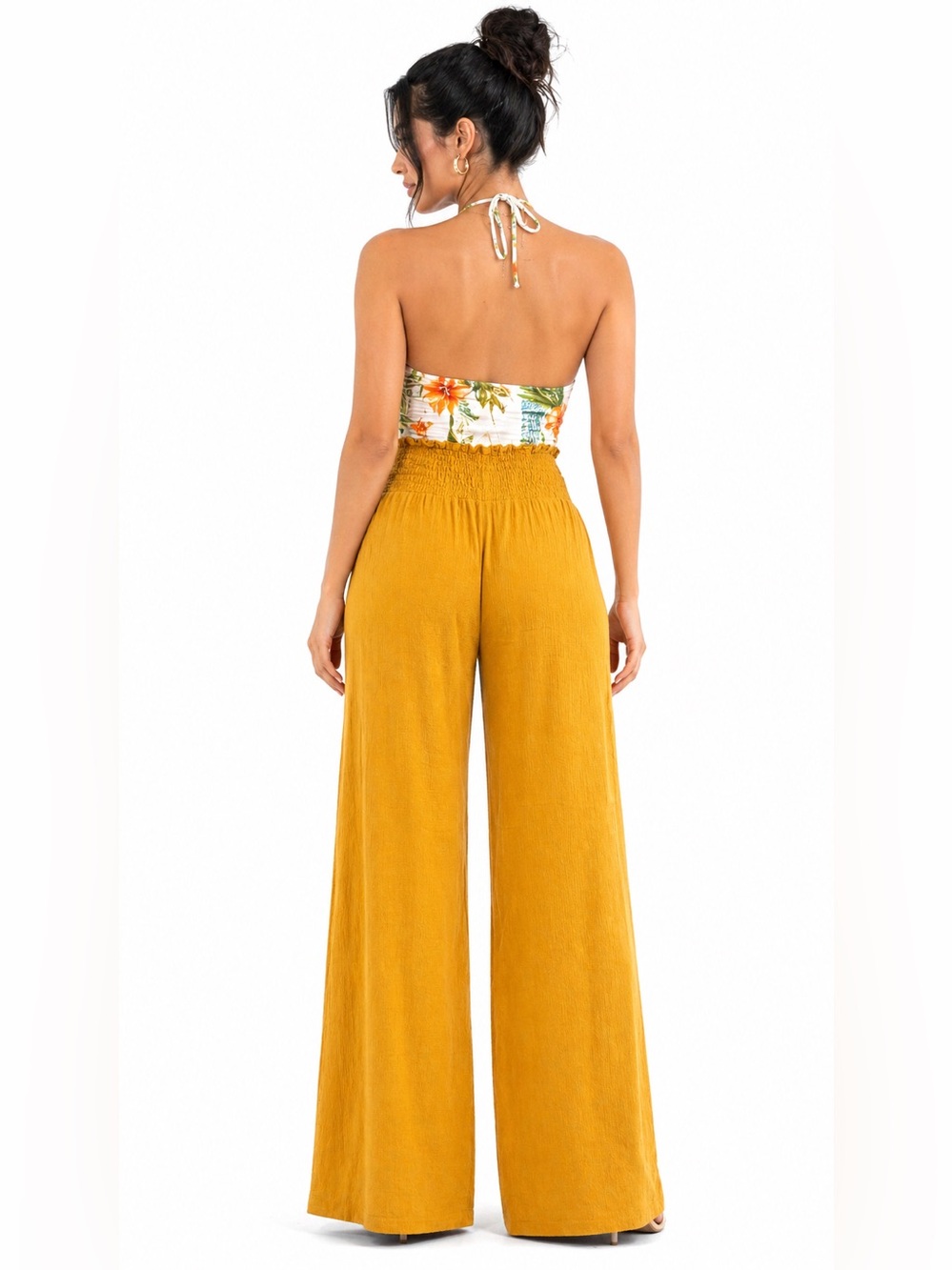 Smocked High-Waist Wide-Leg Pants in Mustard Yellow - Picture 2 of 3